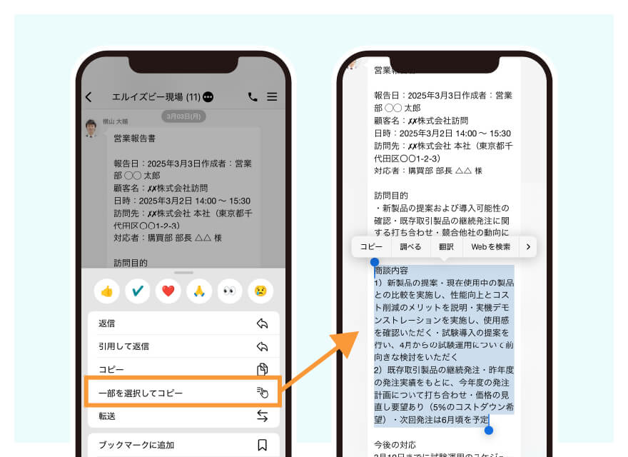 メッセージ内のテキストの部分コピーイメージ